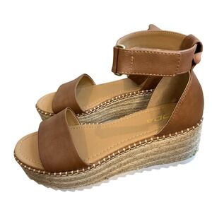 Soda Platform Wedge Sandals Cognac Brown Espadrille Ankle Strap Size 9